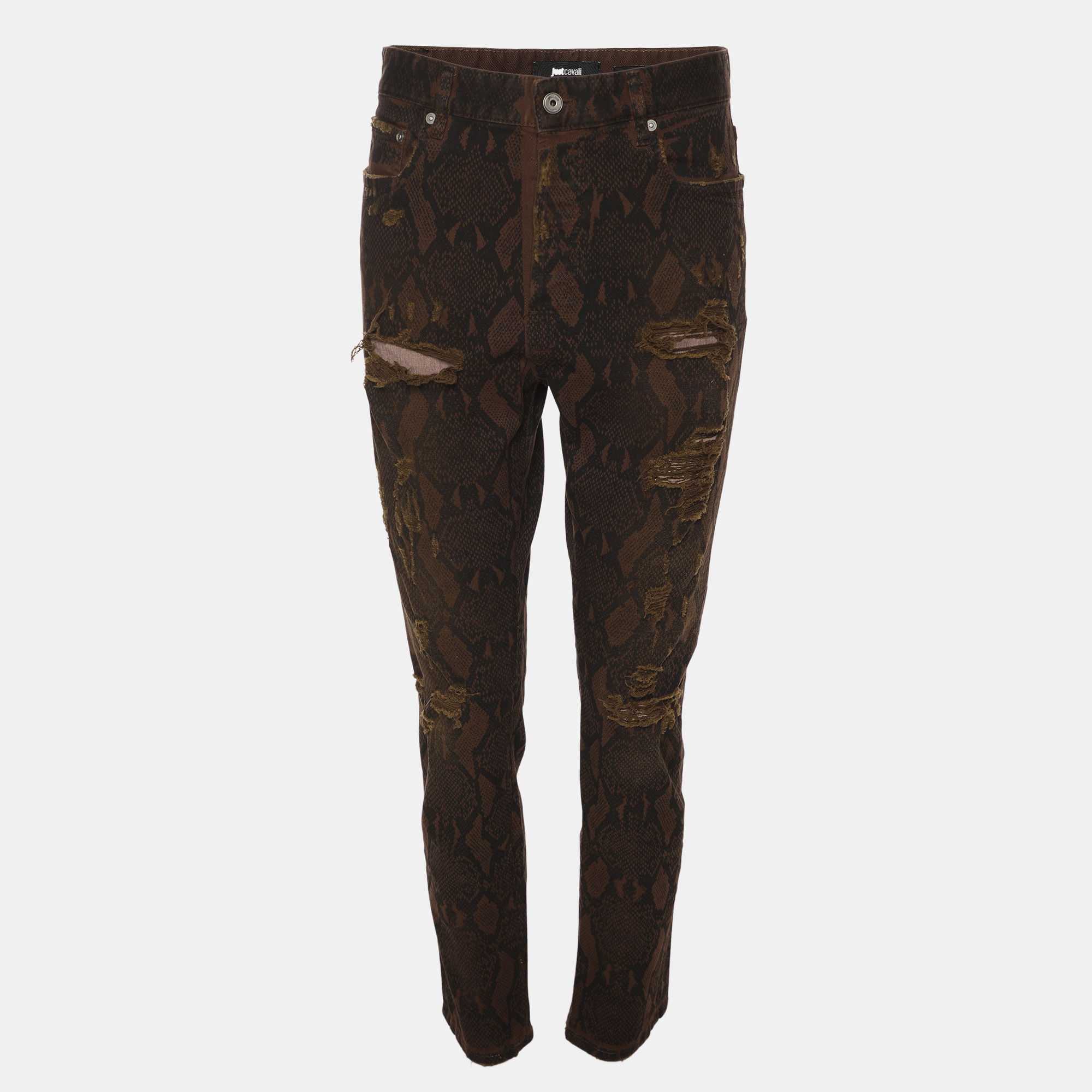 

Just Cavalli Brown Python Print Distressed Denim Pants M