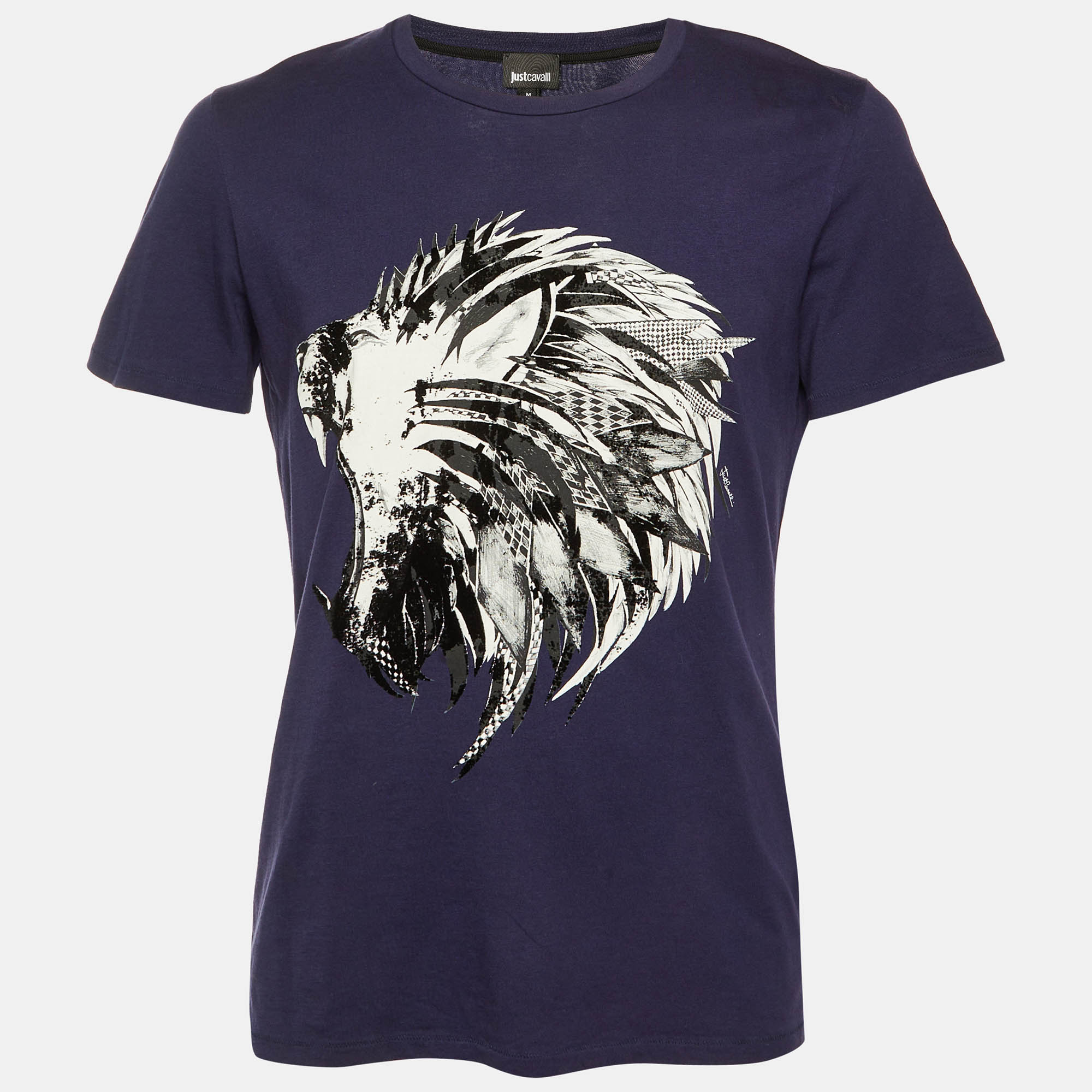 Pre-owned Just Cavalli Navy Blue Tiger Print Cotton Crew Neck T-shirt M
