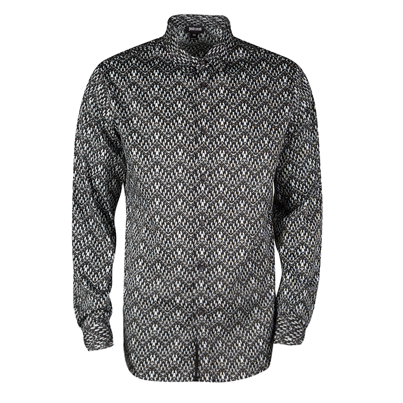 Just Cavalli Monochrome Printed Stretch Cotton Long Sleeve Button Front Shirt L