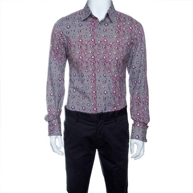 Pre Owned Just Cavalli Multicolor Striped Floral Printed Long Sleeve Slim Fit Shirt XL