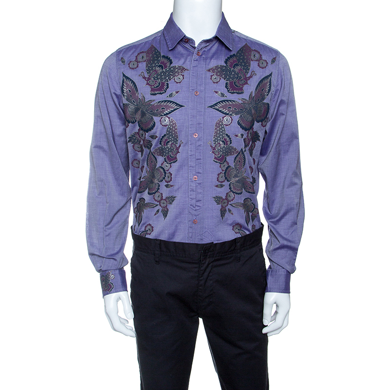 Pre Owned Just Cavalli Purple Butterfly Printed Cotton Long Sleeve Shirt L