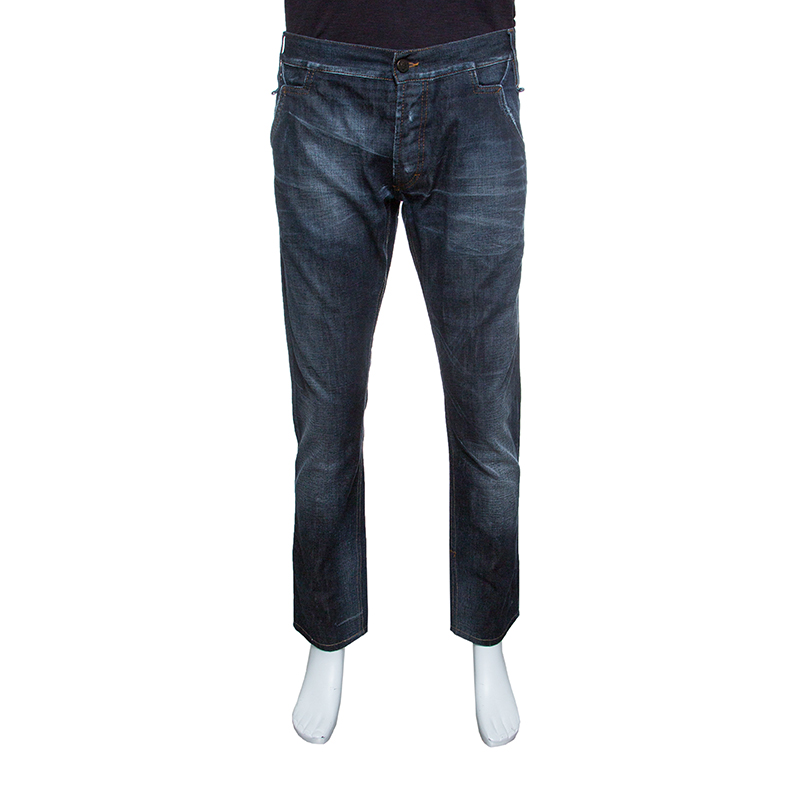 Pre Owned Just Cavalli Indigo Dark Wash Faded Effect Distressed Denim Jeans XXL