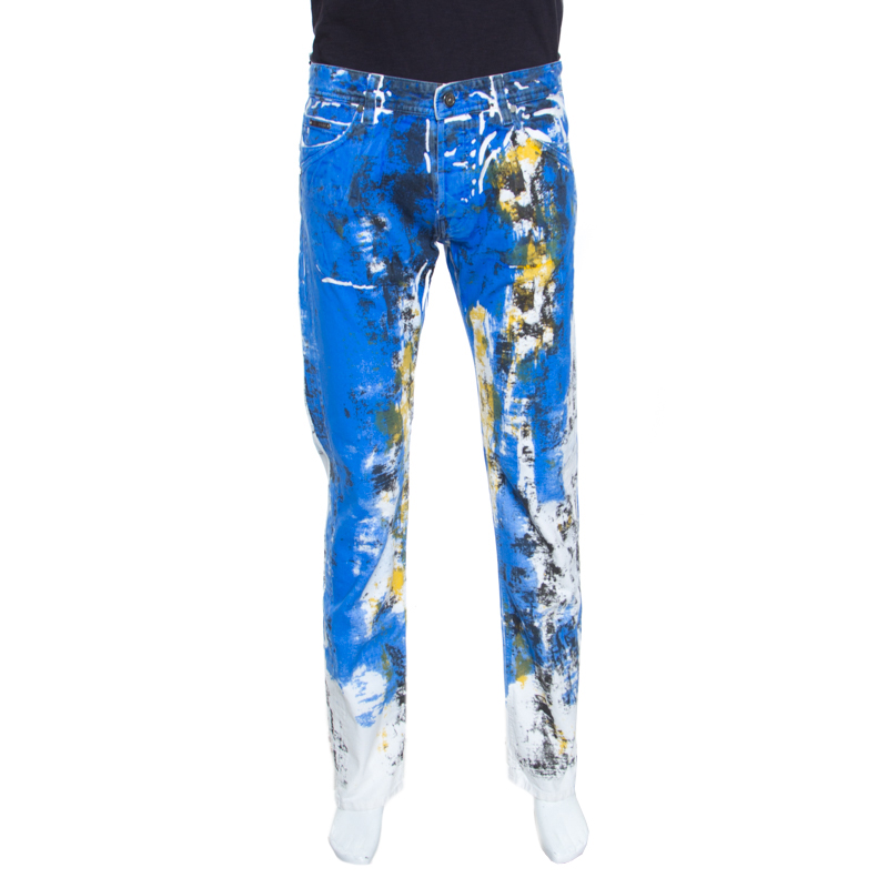 Pre Owned Just Cavalli Multicolor Paint Splatter Printed Denim Straight Leg Jeans L