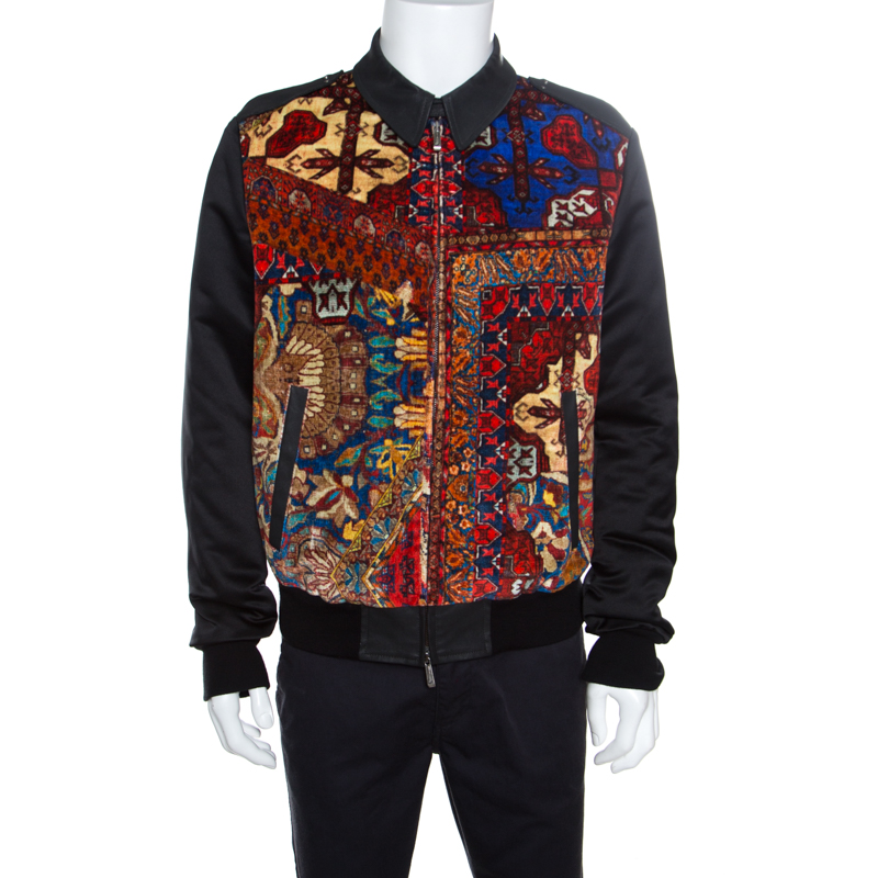 Pre Owned Just Cavalli Printed Corduroy and Coated Denim Zip Front Bomber Jacket L