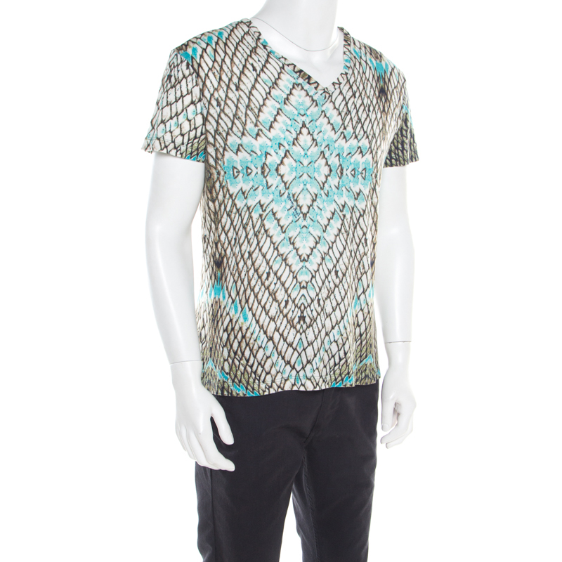 

Just Cavalli Multicolor Snakeskin Print Cotton Blend V Neck T- Shirt