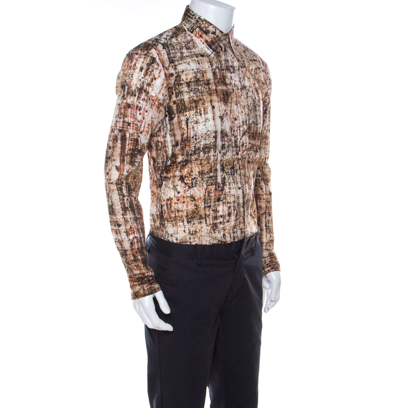 

Just Cavalli Brown Abstract Print Stretch Cotton Button Front Shirt