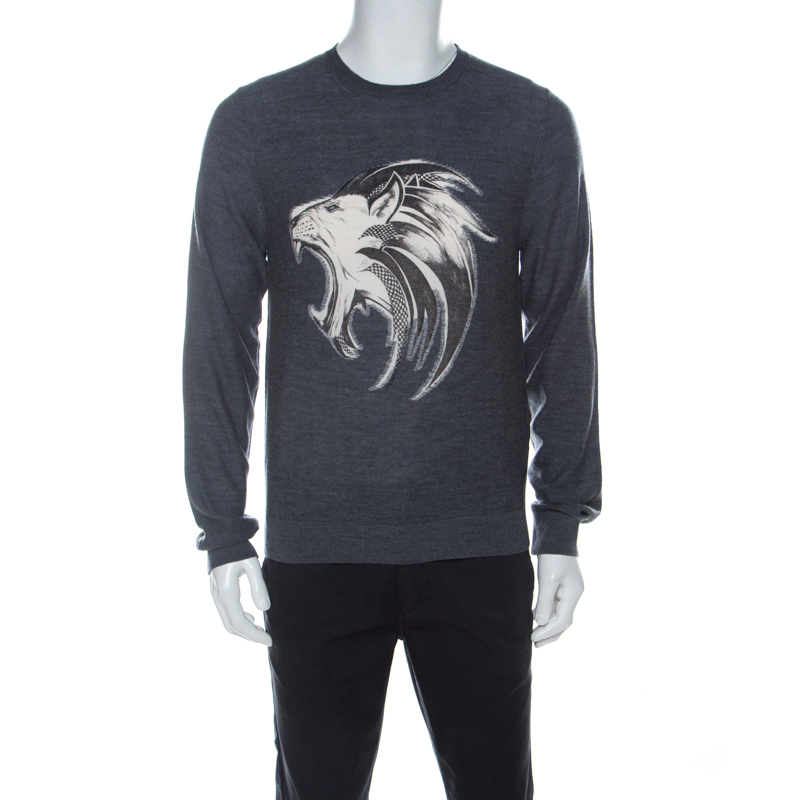 Pre Owned Just Cavalli Grey Wool Lion Print Sweater M