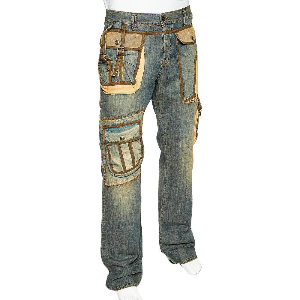 

Just Cavalli Blue Washed Out Denim Cargo Pocket Detail Distressed Jeans