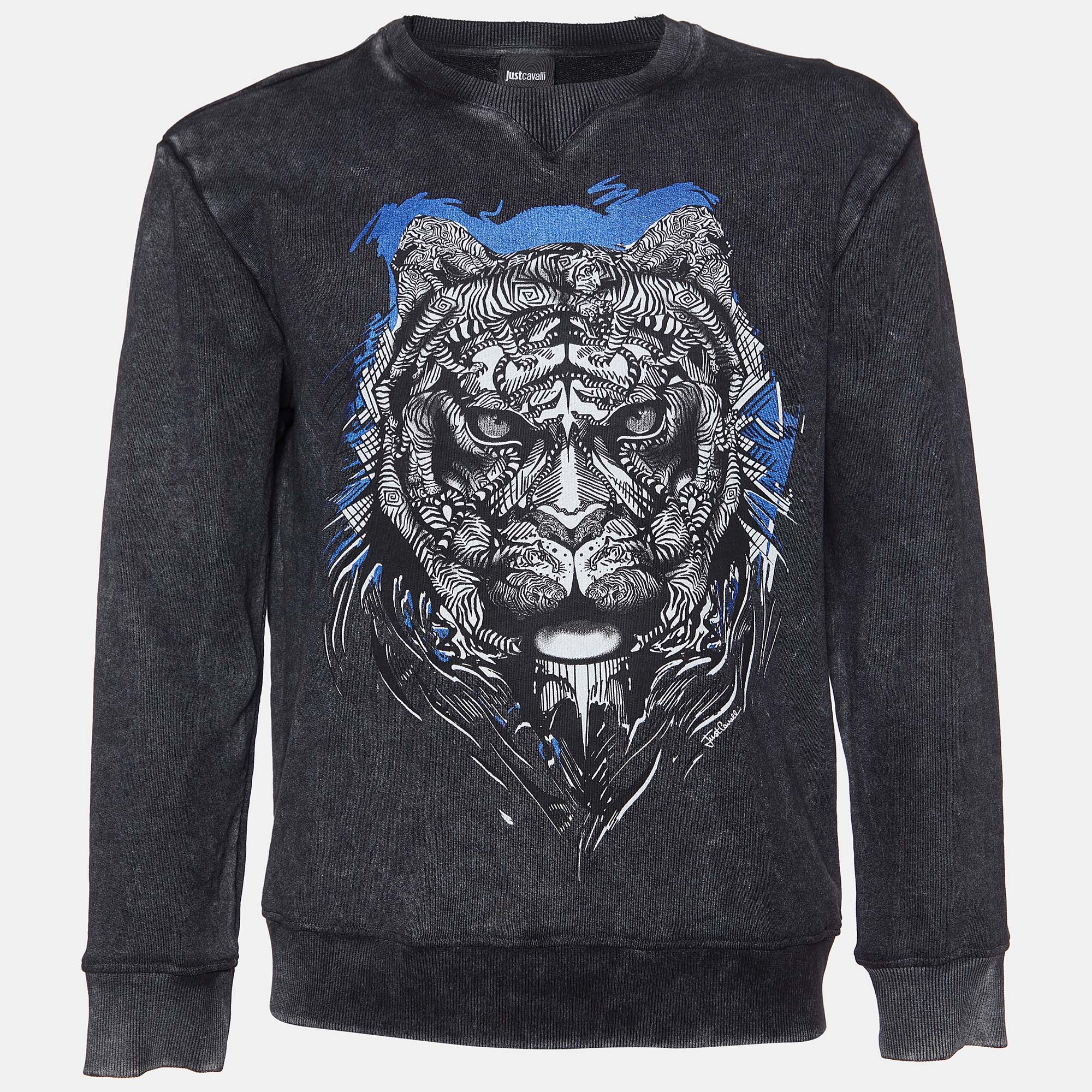 

Just Cavalli Grey Tiger Printed Cotton Sweatshirt XL