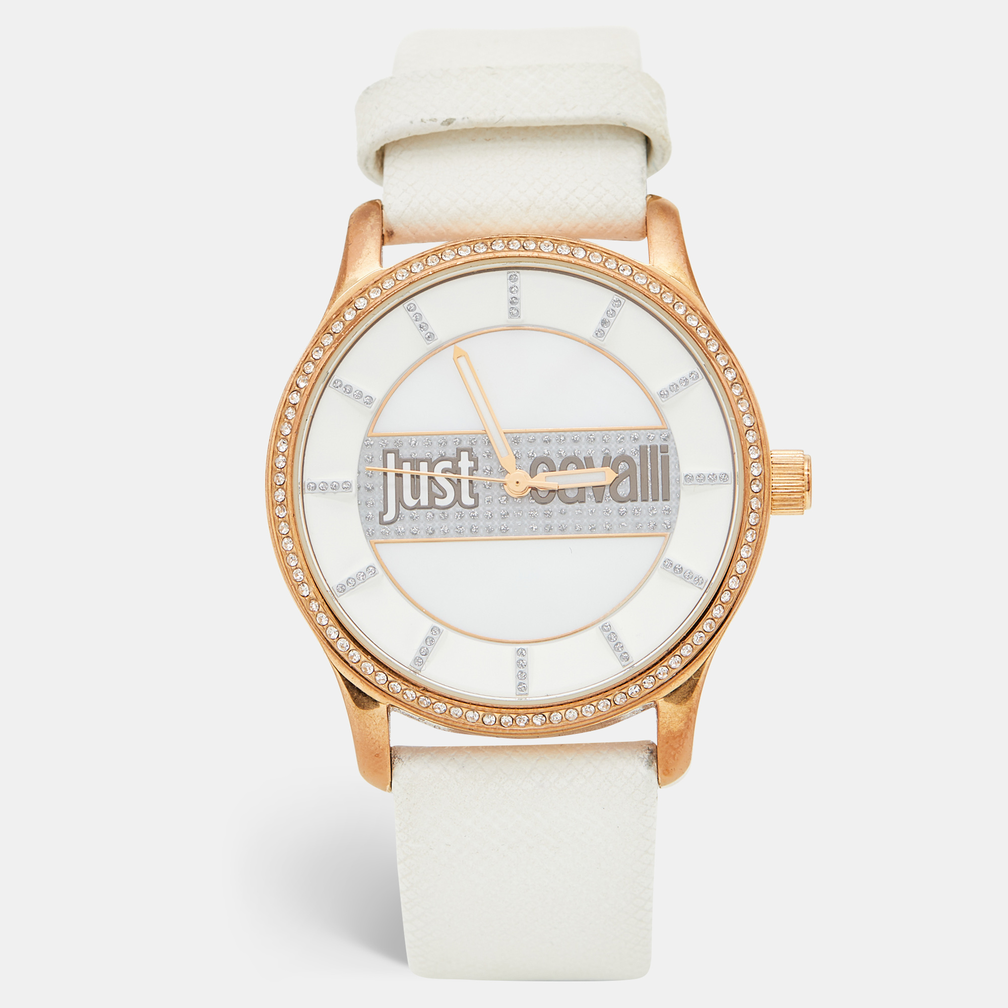 Pre-owned Just Cavalli Mother Of Pearl Rose Gold Plated Stainless Steel R7251127501c Women's Wristwatch 38 Mm In White