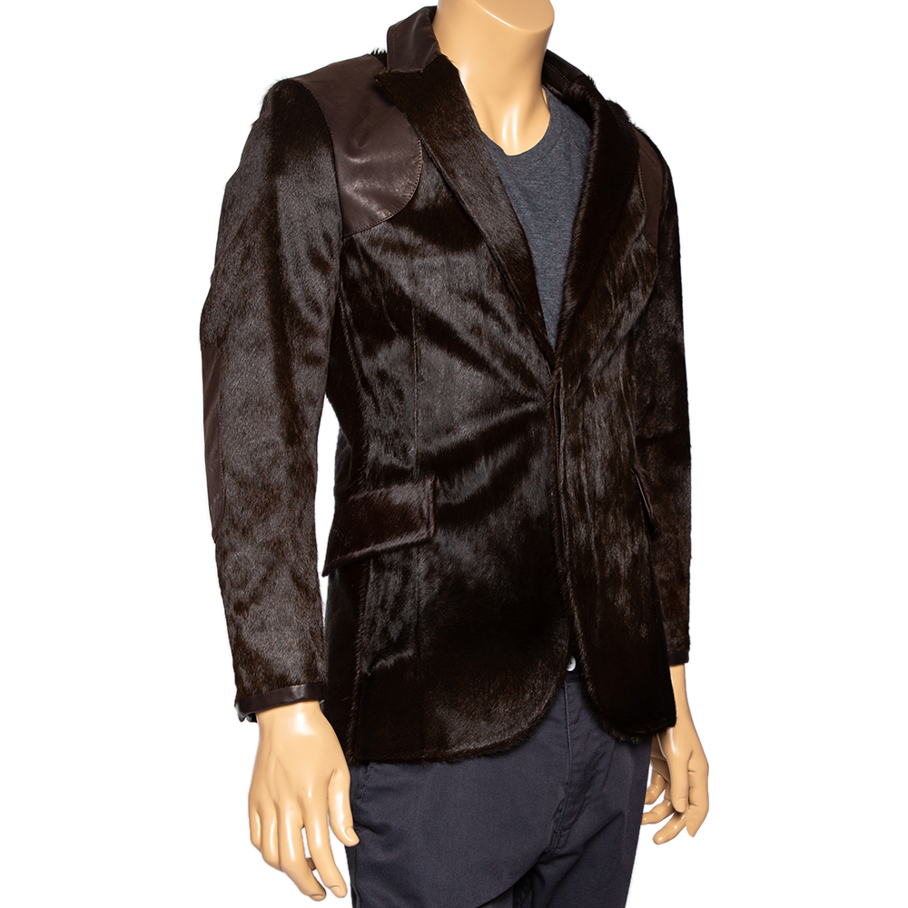 

Kenzo Homme Brown Leather & Fur Embroidered Detail Blazer