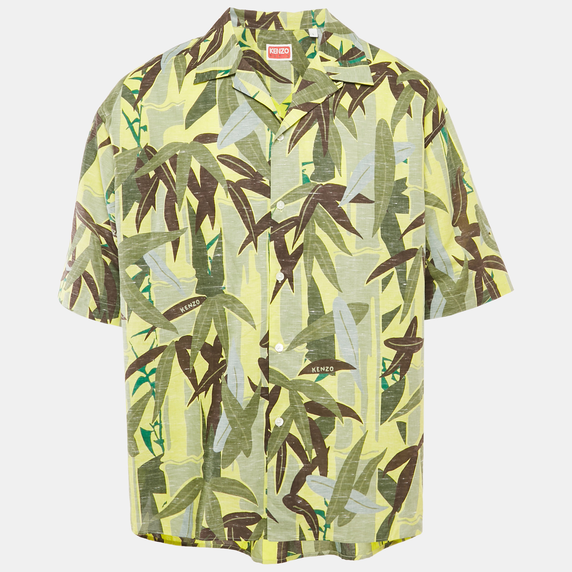 

Kenzo Green Leaf Print Cotton Blend Short Sleeve Shirt L