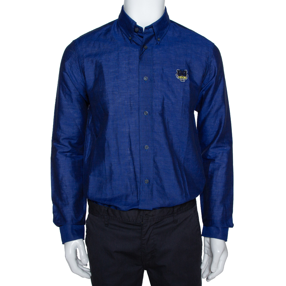 Pre Owned Kenzo Navy Blue Tiger Crest Embroidered Linen Blend Button Down Shirt M