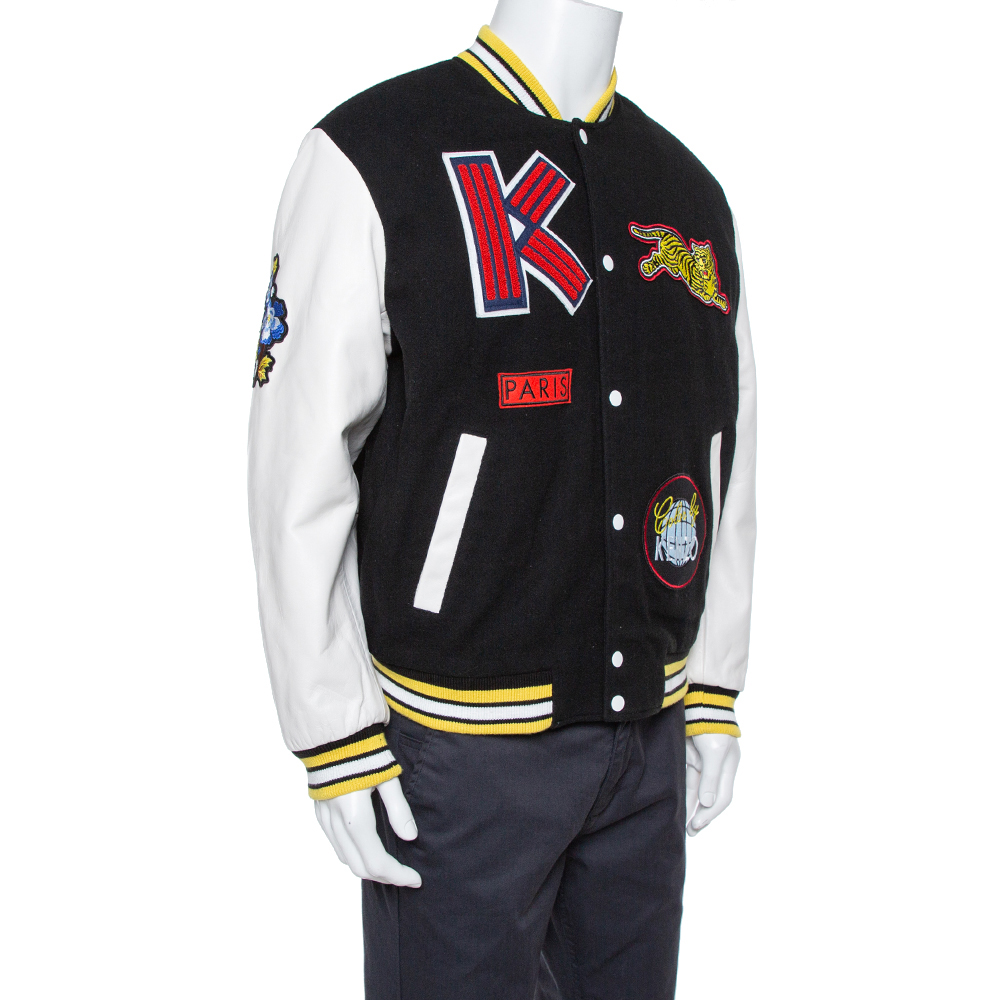 

Kenzo Black Wool Blend Logo-Patch Leather Varsity Jacket