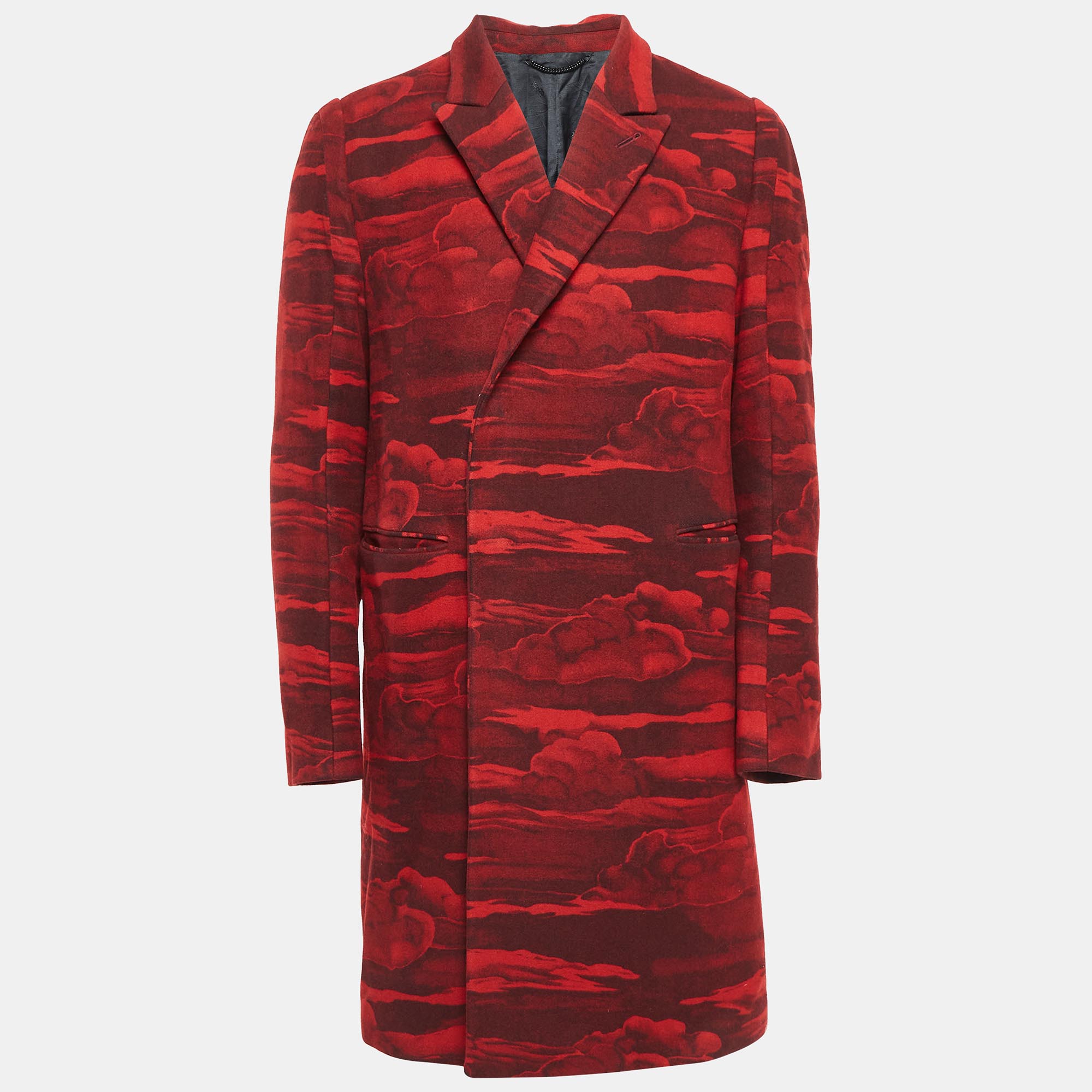 

Kenzo Red Cloud Print Wool Mid-Length Coat XL
