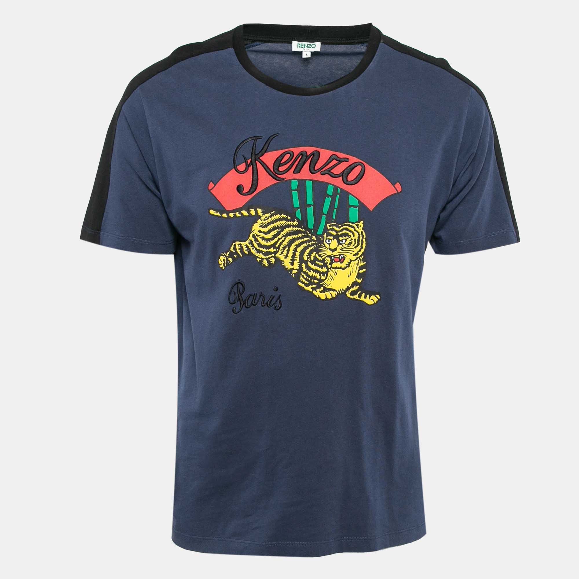 

Kenzo Navy Blue Tiger Print Cotton Crew Neck T-Shirt L