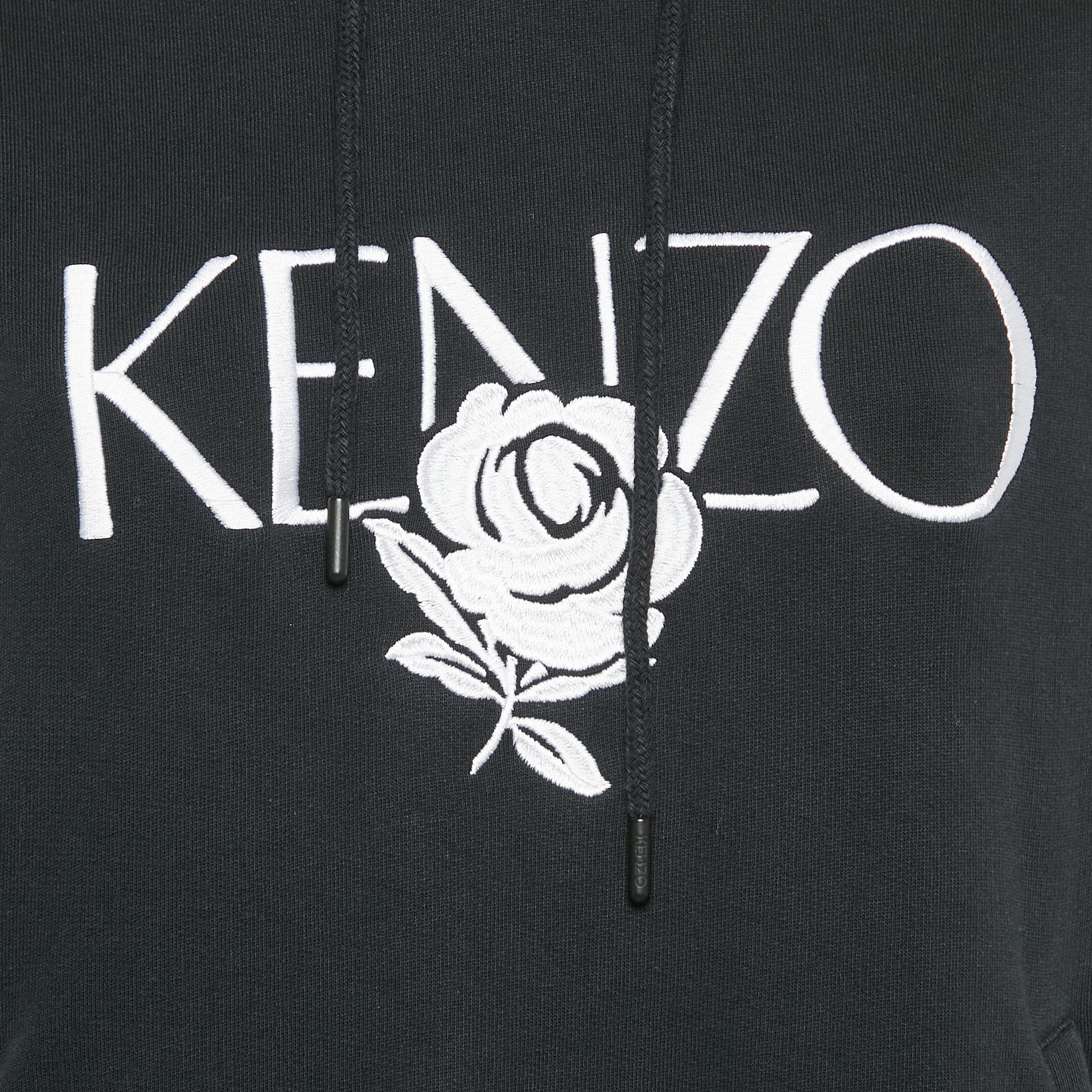 Kenzo Black Floral Logo Embroidery Cotton Hooded Sweatshirt S 