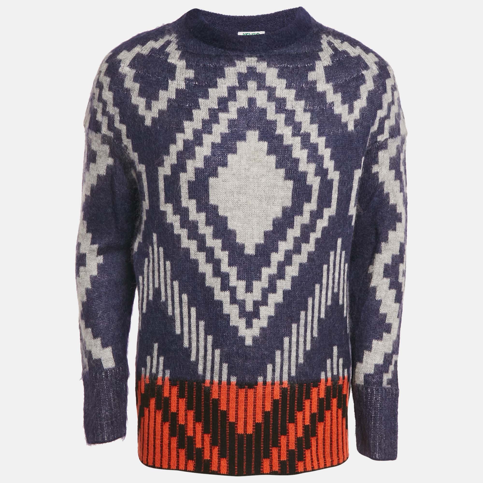 

Kenzo Blue Geometric Intarsia Mohair Wool Blend Sweater S