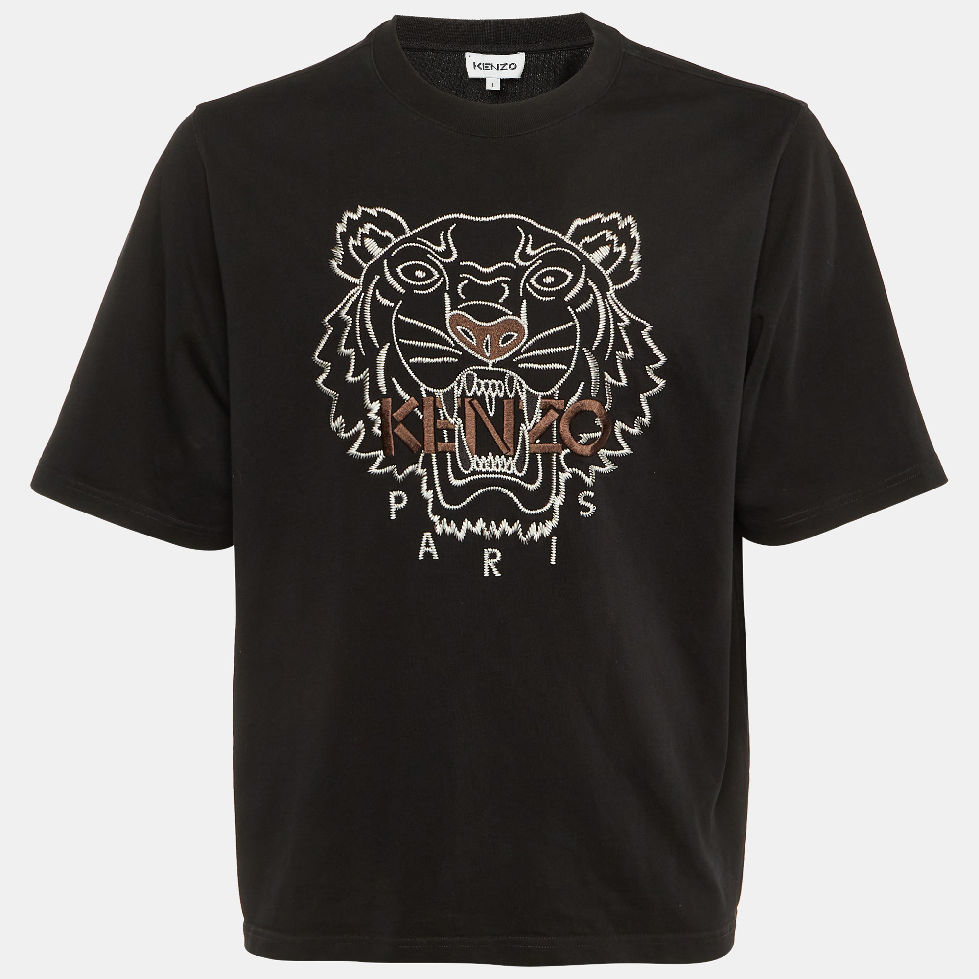 Pre-owned Kenzo Black Tiger Embroidered Cotton Crew Neck T-shirt L