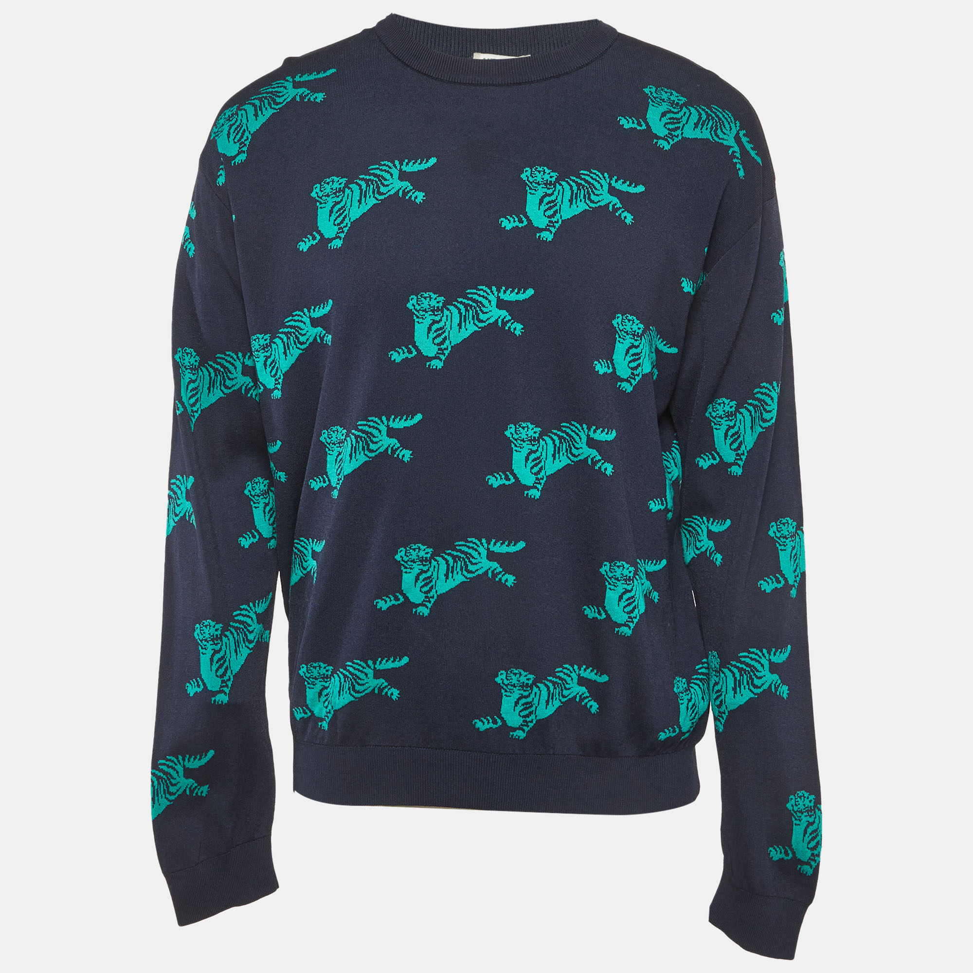 

Kenzo Navy Blue All Over Tiger Pattern Knit Jumper L