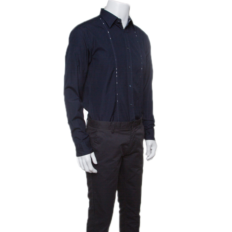 

Kenzo Navy Blue Cotton Contrast Stripe Detail Slim Fit Shirt