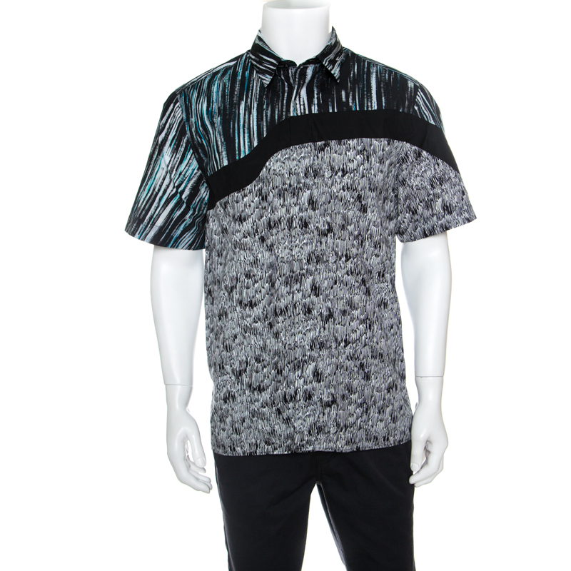 Kenzo Multicolor Scribble and Stripe Printed Cotton Short Sleeve Shirt L