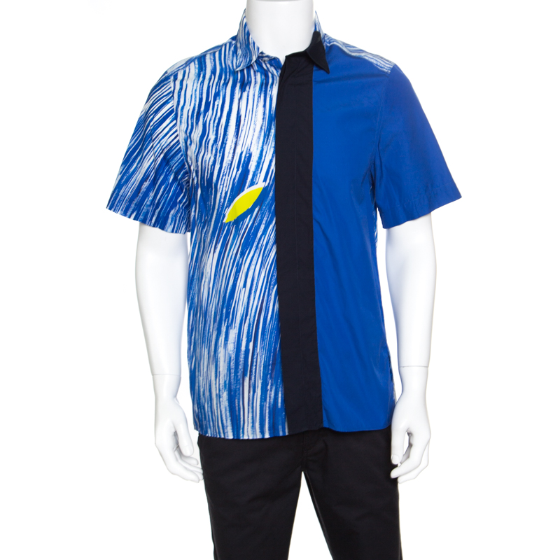 Pre Owned Kenzo Blue Wave Printed Colorblock Cotton Short Sleeve Button Front Shirt M