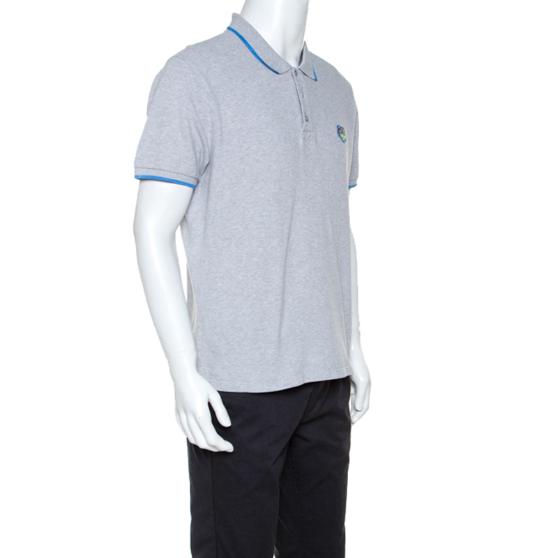 

Kenzo Grey Cotton Contrast Trim Tiger Crest Polo T-Shirt