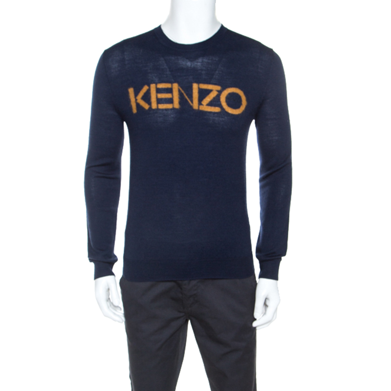 Pre Owned Kenzo Navy Blue Wool Blend Contrast Logo Sweater S