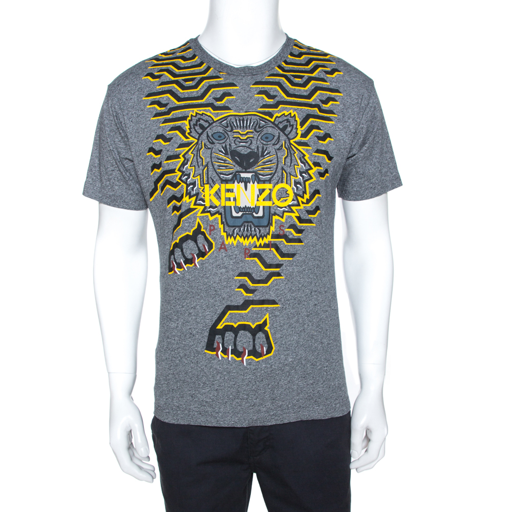 Kenzo Grey Geo Tiger Print Cotton Crew Neck T-Shirt M