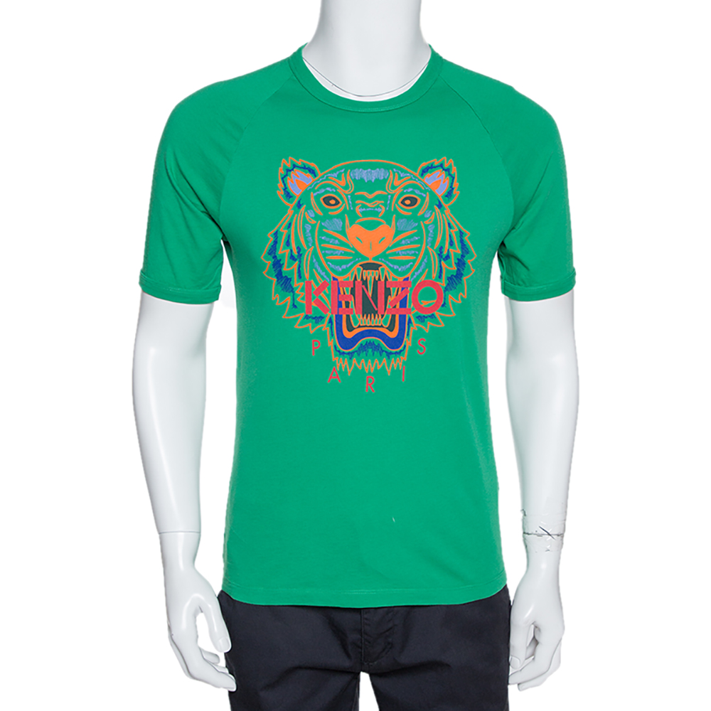 Kenzo Green Cotton Tiger Print Crew Neck T Shirt XS 
