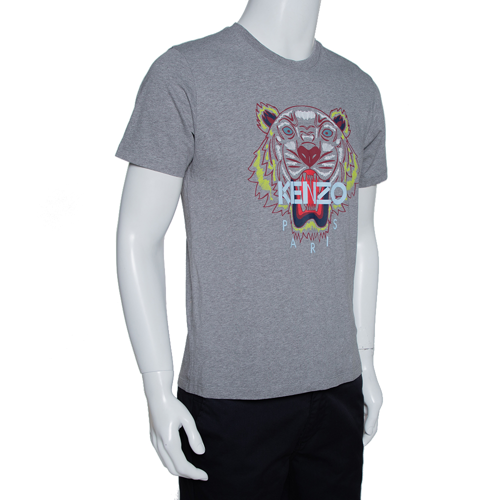 

Kenzo Grey Cotton Tiger Motif Print Crew Neck T Shirt