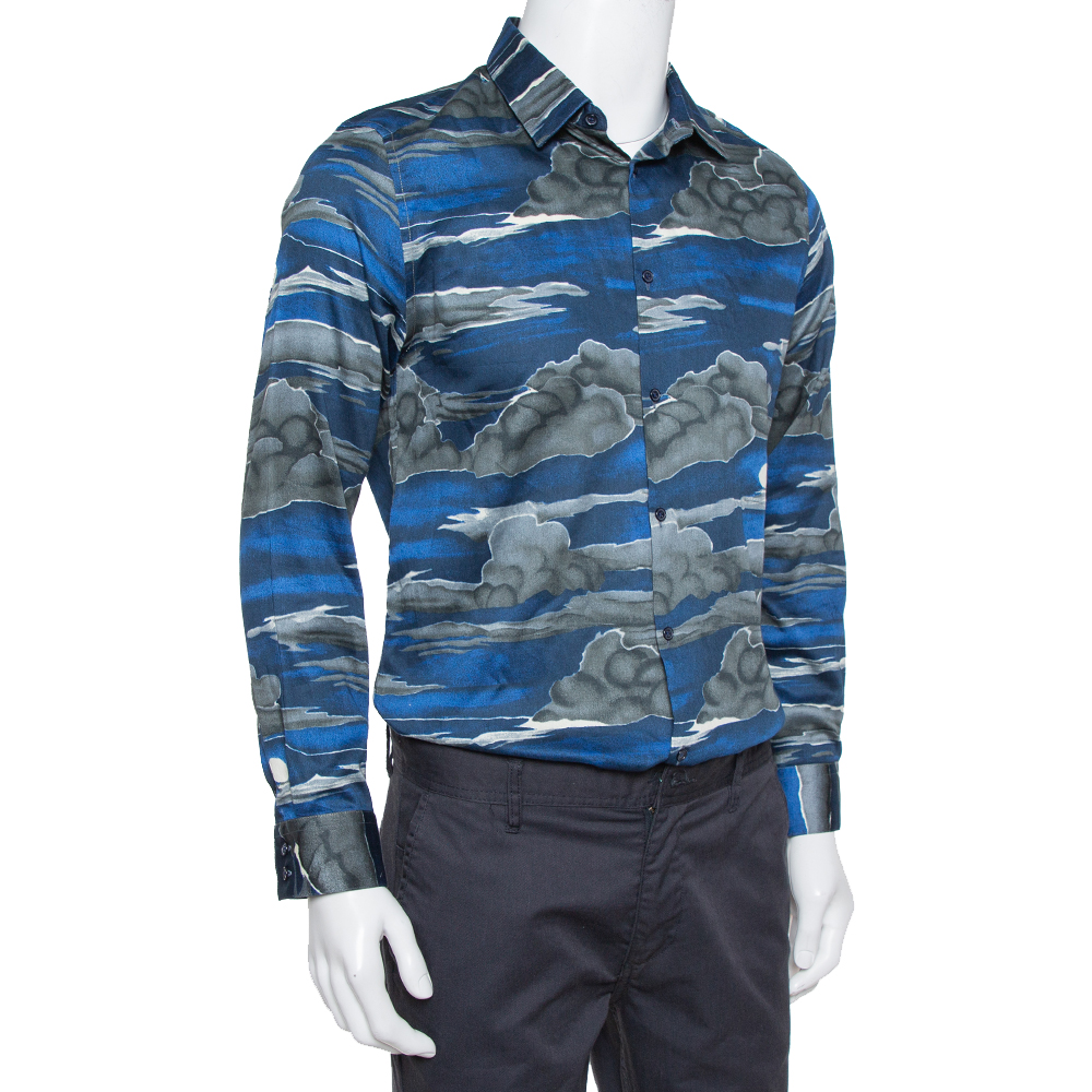 

Kenzo Blue Night Cloud Print Cotton Long Sleeve Slim Fit Shirt