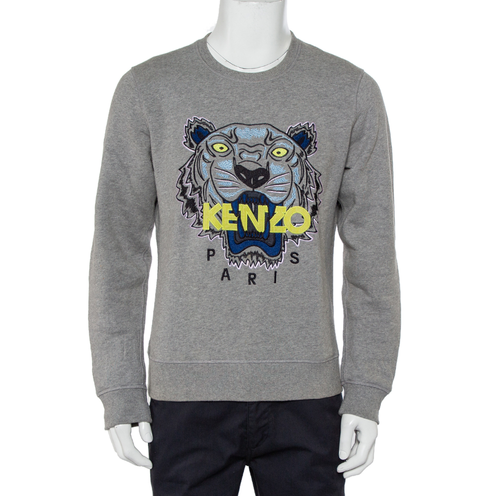 Click to view more detailed imagery on our partner's website Pre-owned Kenzo Grey Cotton Tiger Embroidered Crewneck Sweatshirt L