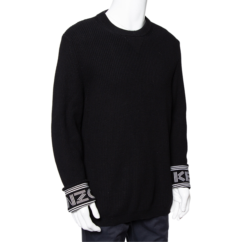 

Kenzo Black Knit Logo Cuff Rib Sweater