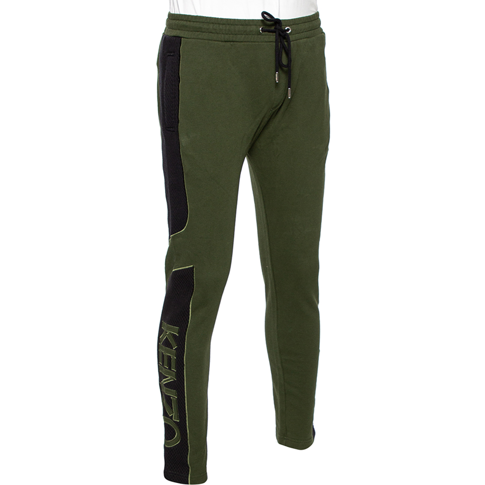 

Kenzo Dark Green Cotton Knit & Mesh Logo Embroidered Track Pants