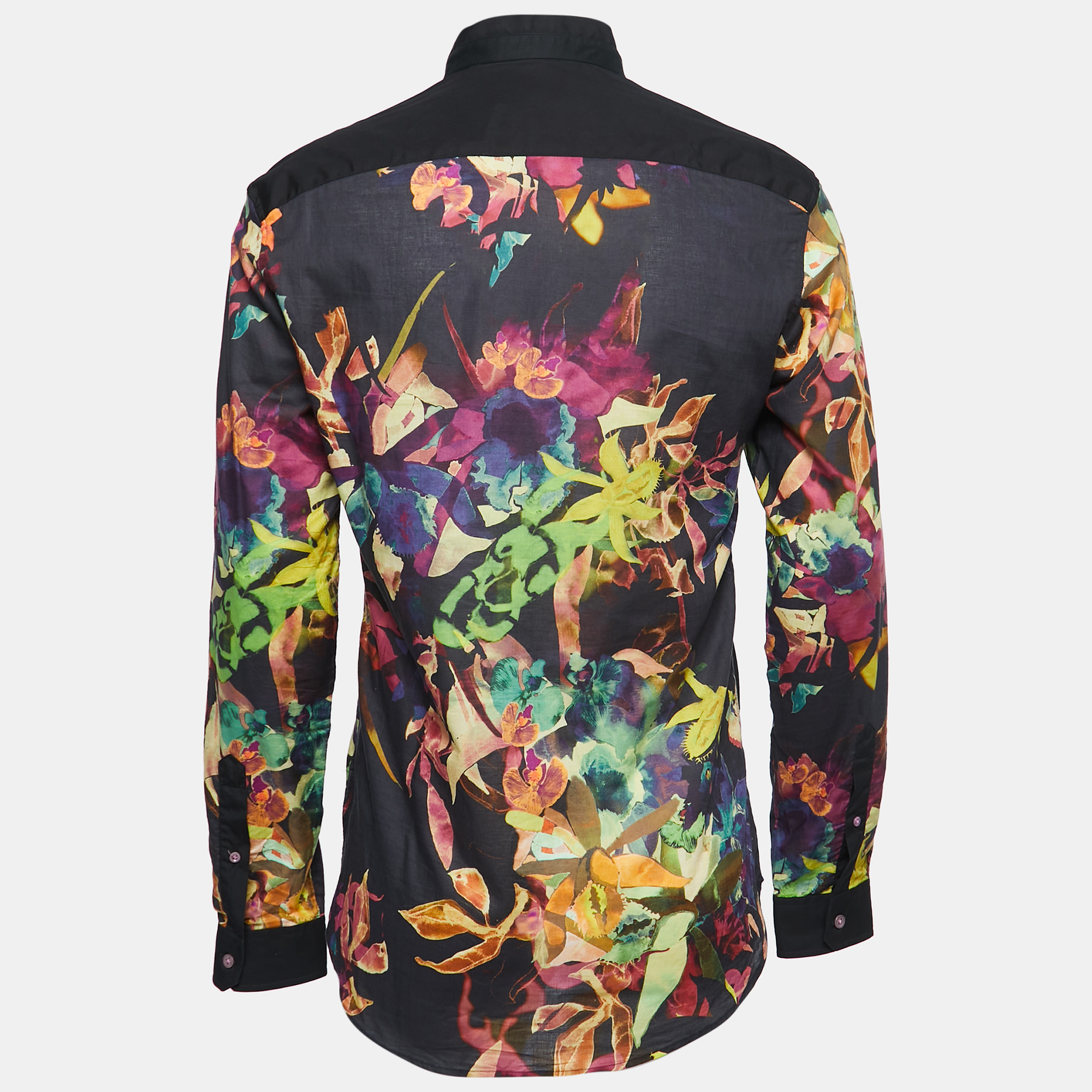 

Kenzo Black Cotton Floral Print Panel Button Front Shirt