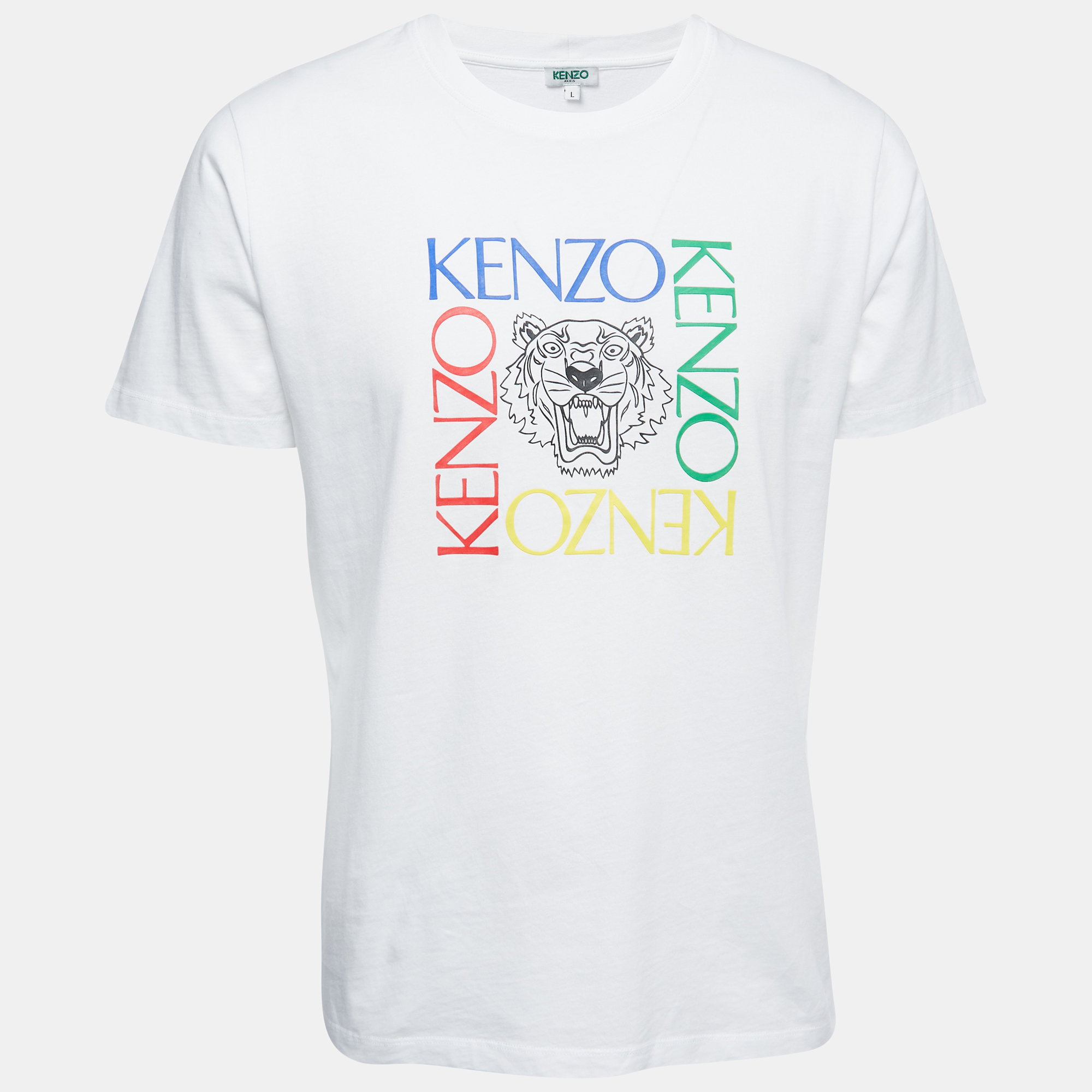 Pre-owned Kenzo White Logo Print Cotton Crew Neck Half Sleeve T-shirt L
