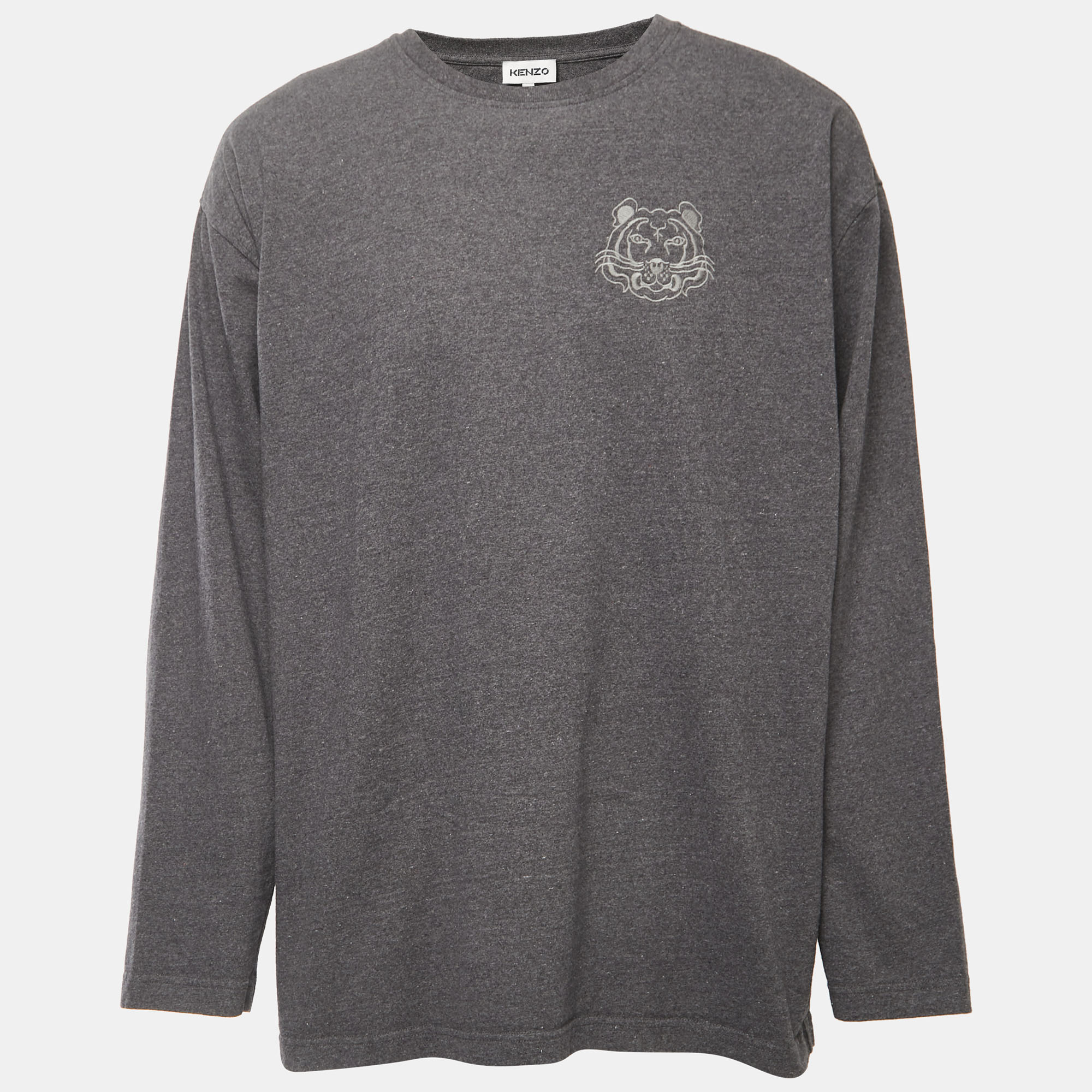 Pre-owned Kenzo Grey Logo Embroidered Cotton Crew Neck Sweatshirt L