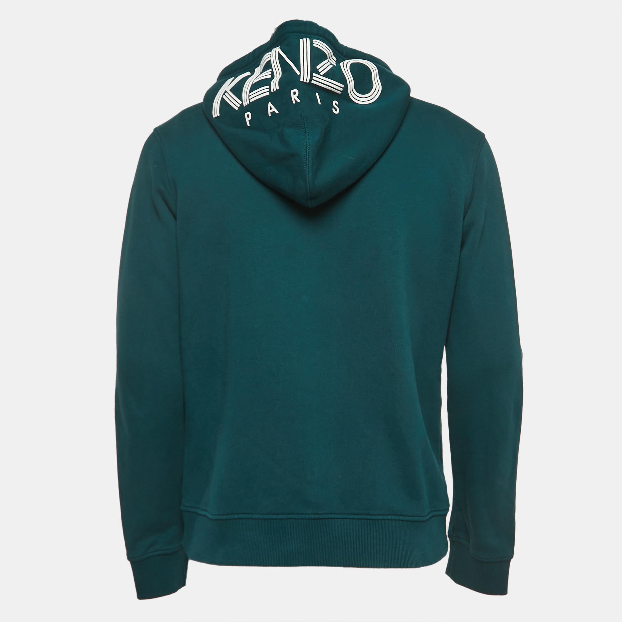 

Kenzo Dark Green Logo Print Cotton Zip Front Hooded Jacket