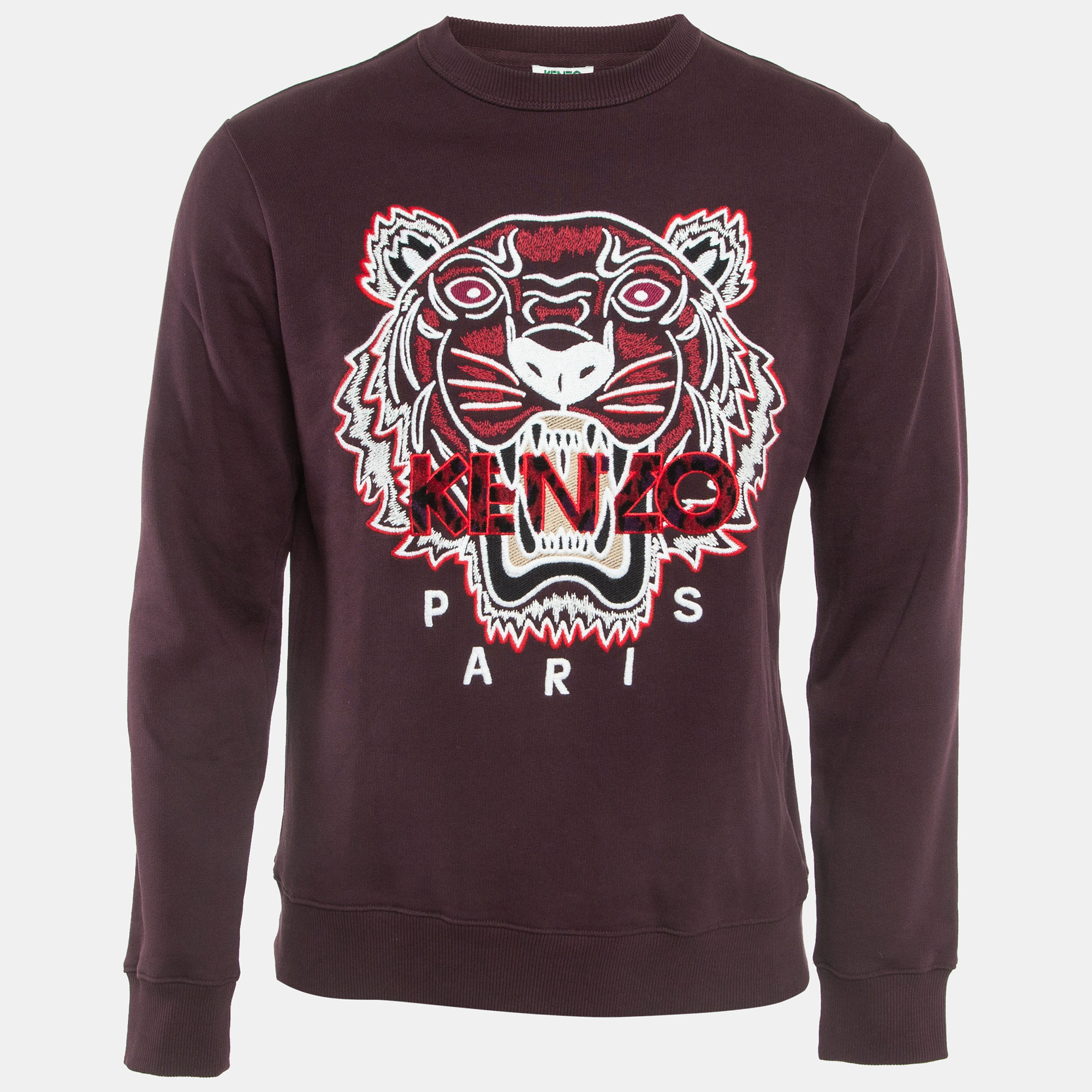 Pre-owned Kenzo Burgundy Logo Tiger Embroidered Cotton Sweatshirt Xs