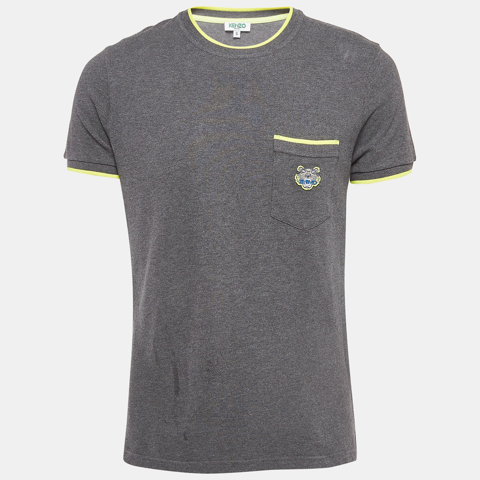 

Kenzo Grey/Neon Yellow Cotton Pique Pocket Detail Round Neck T-Shirt