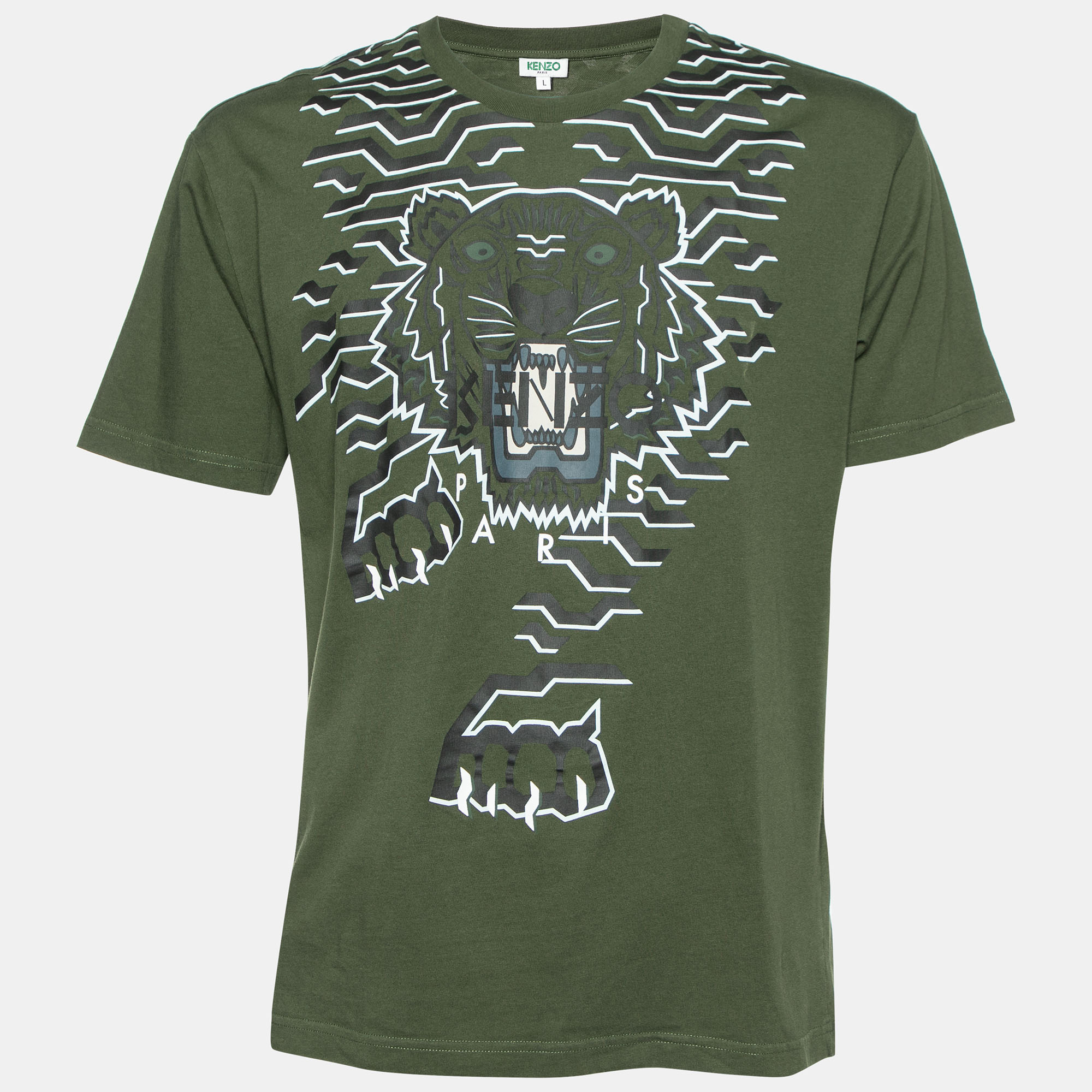 

Kenzo Dark Green Geometric Tiger Print Crew Neck T-Shirt