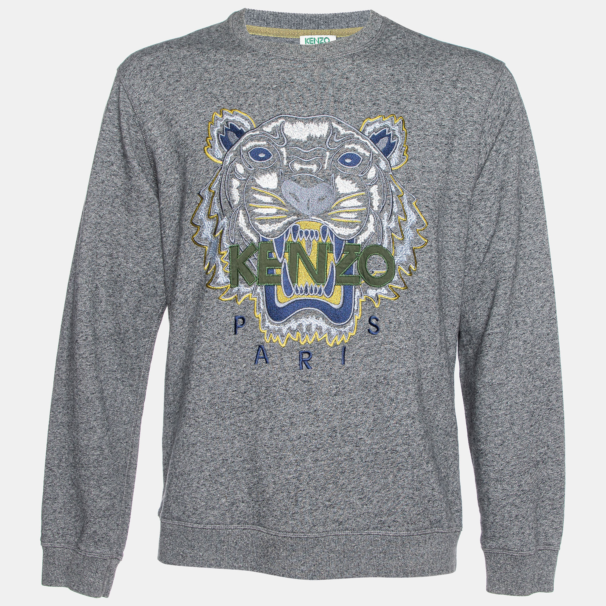 Pre-owned Kenzo Grey Tiger Embroidered Melange Cotton Crew Neck Sweatshirt Xl