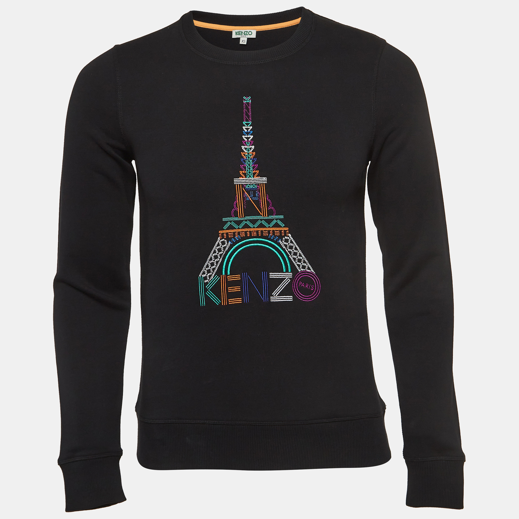 Pre-owned Kenzo Black Eiffel Embroidered Cotton Knit Crew Neck Sweatshirt Xs