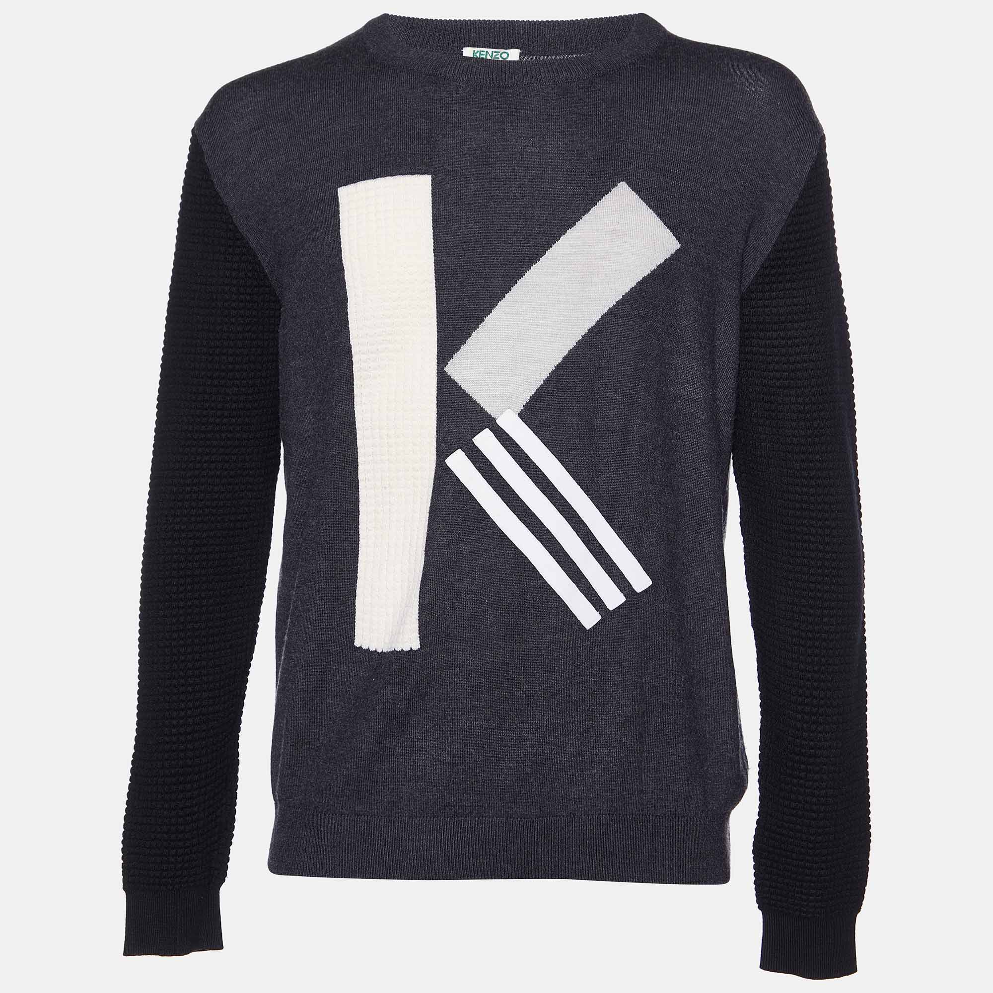 

Kenzo Grey K Color Block Wool Knit Crew Neck Sweater L