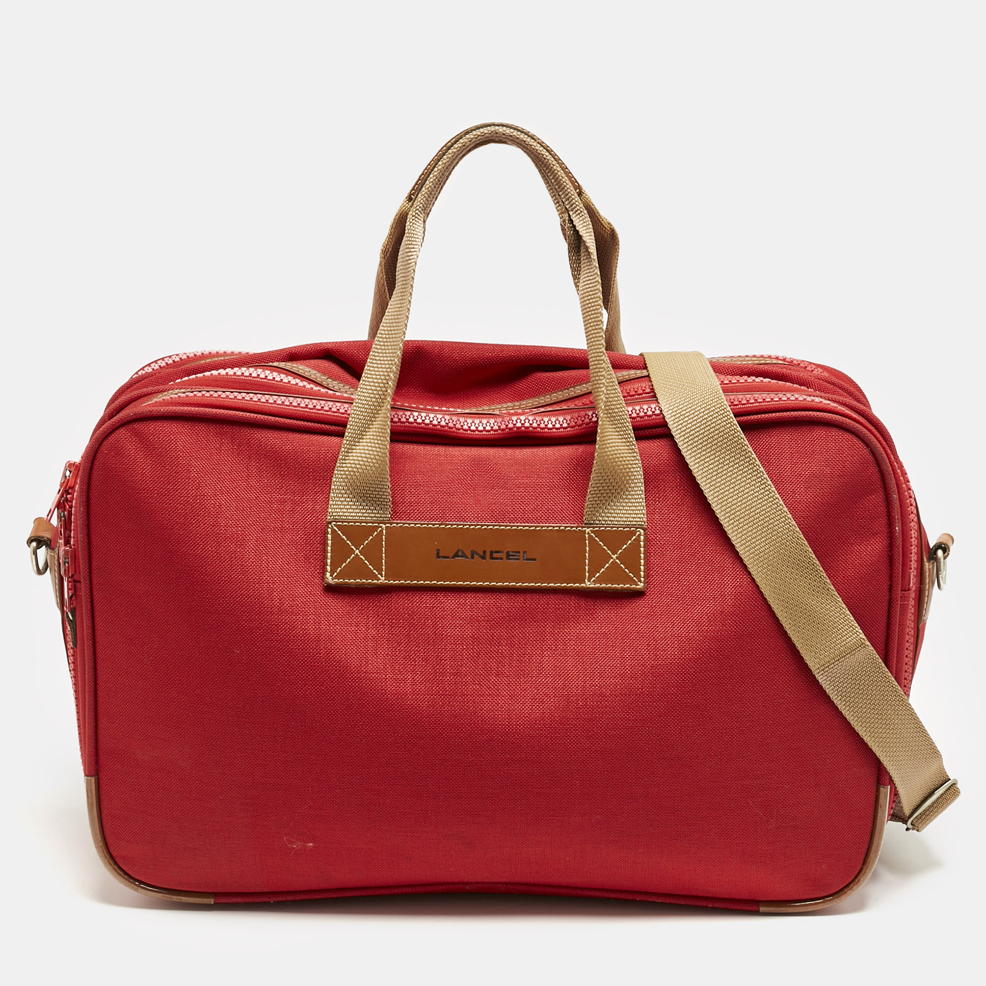 

Lancel Red Canvas Weekender Travel Bag