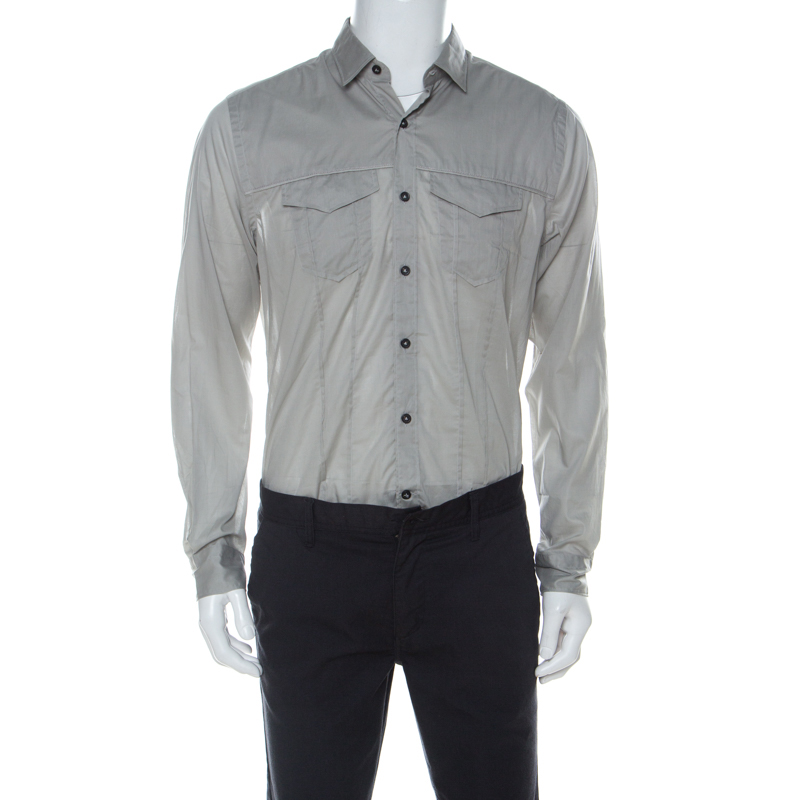 مملوكة مسبقًا  قميص لانفان بأكمام طويلة وجيب على الصدر نسيج مخطط قطن رصاصي L