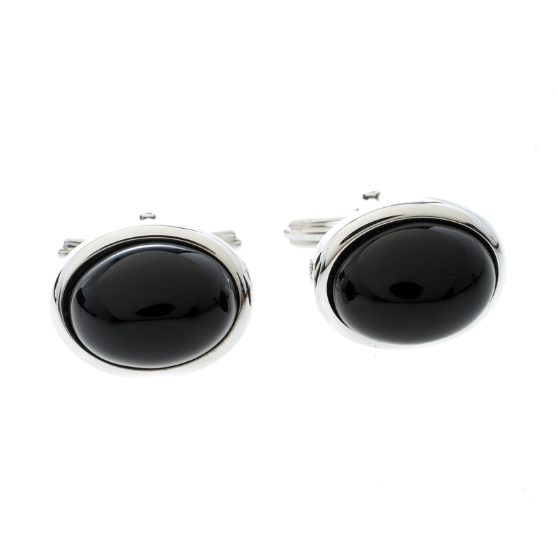 Lanvin Black Cabochon Silver Tone Oval Cufflinks