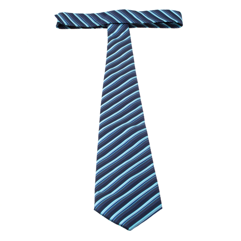 Pre-owned Lanvin Blue Diagonal Striped Silk Traditional Tie
